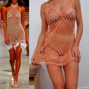 Isa boulder inspo PEACH crochet knit lattice runway sample dress S
